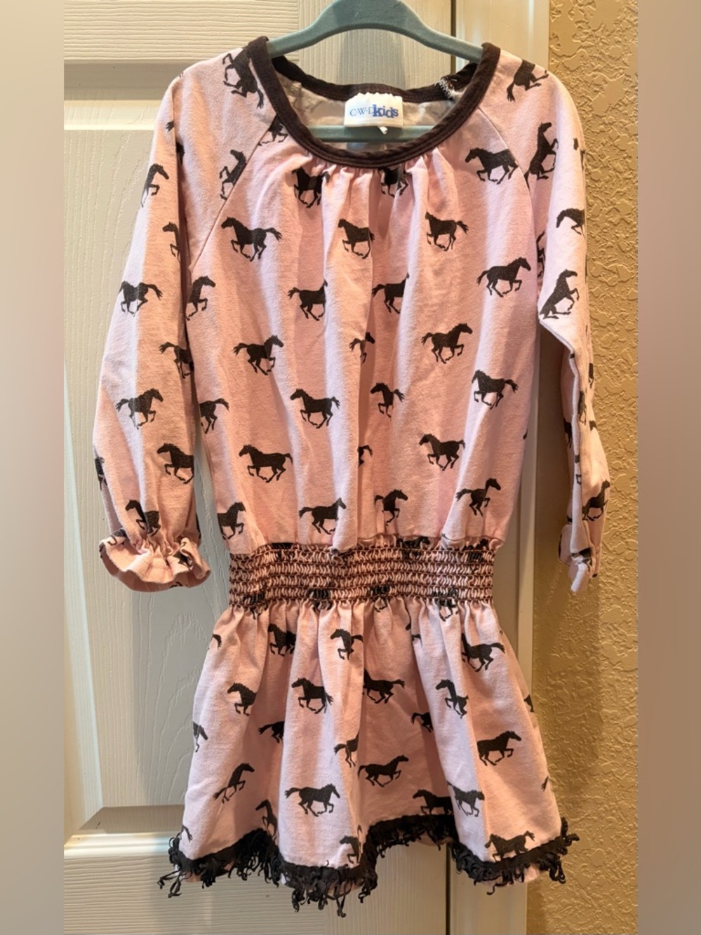 Pink Horse-Print Smocked Waist Girls Dress